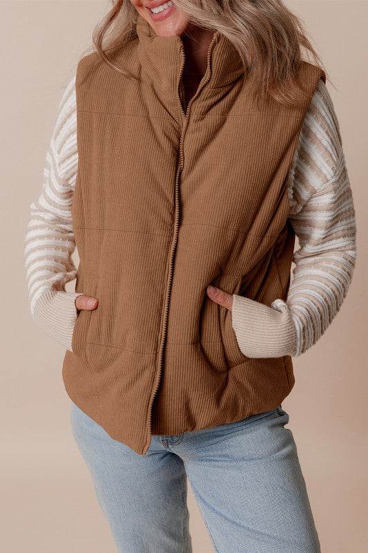 Coffee Corduroy Stand Neck Zipped Puffer Vest - Shop Style & More | Fresh Looks, Everyday Deals & Free Shipping