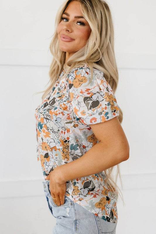Milena Split V Neck Puff Sleeve Flower Print Blous - Shop Style & More | Fresh Looks, Everyday Deals & Free Shipping