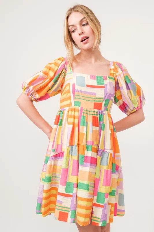 And The Why Square Neck Puff Sleeve Geo Printed Mini Dress - Shop Style & More | Fresh Looks, Everyday Deals & Free Shipping