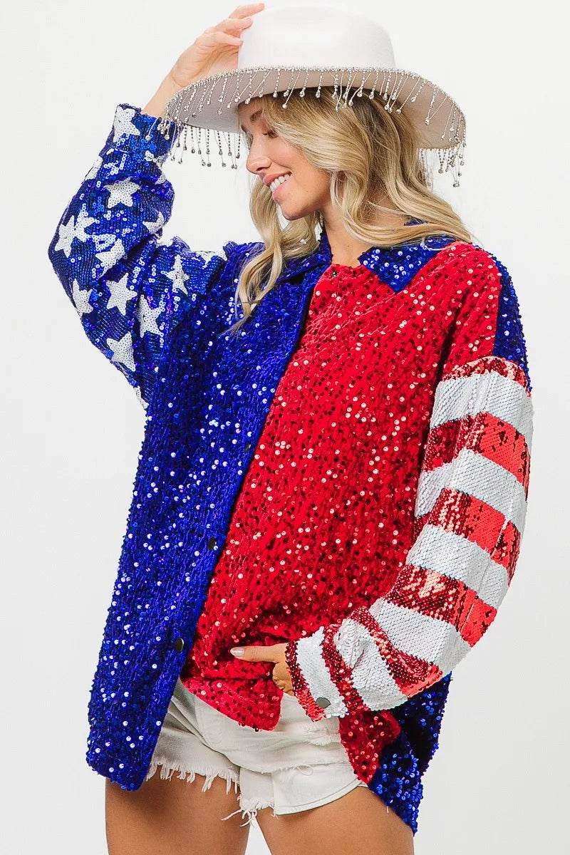 BiBi American Flag Sequin Snap Down Shirt - Shop Style & More | Fresh Looks, Everyday Deals & Free Shipping