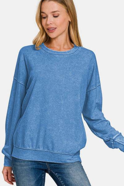 Zenana Washed Round Neck Dropped Shoulder Sweatshirt - Shop Style & More | Fresh Looks, Everyday Deals & Free Shipping
