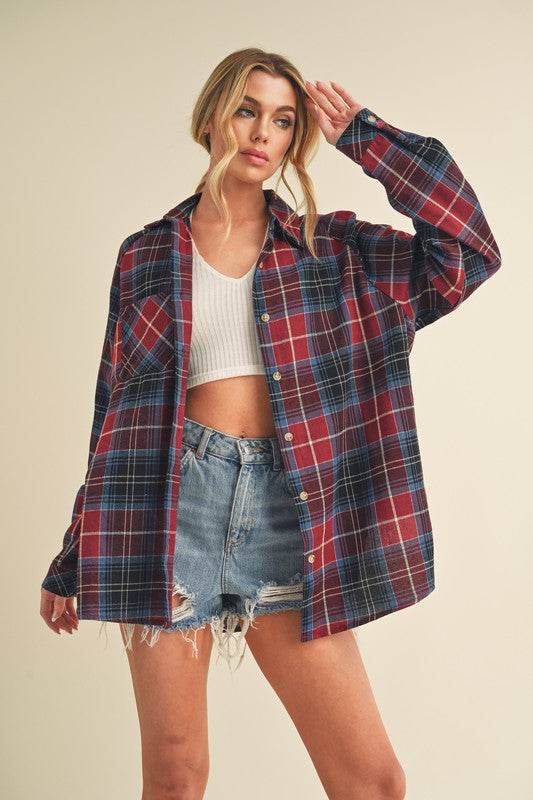 Aemi + Co Flannel Plaid Button Up Raglan Sleeve Shirt - Shop Style & More | Fresh Looks, Everyday Deals & Free Shipping