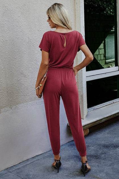 Solid Slant Shoulder Short Sleeve Jumpsuit - Shop Style & More | Fresh Looks, Everyday Deals & Free Shipping