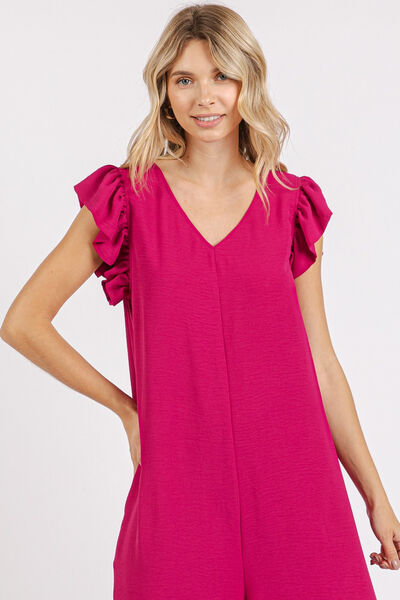 Mittoshop V-Neck Ruffled Cap Sleeve Jumpsuit - Wide Leg Design Jumpsuits