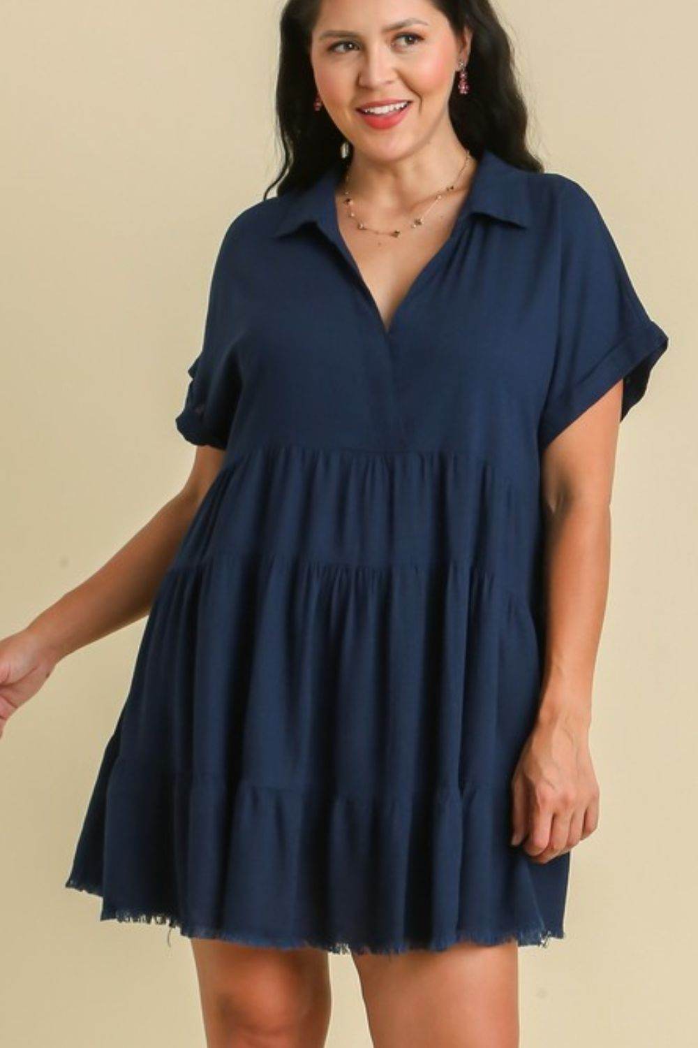 Umgee Full Size Raw Hem Folded Sleeve Tiered Dress Plus Size - Shop Style & More | Fresh Looks, Everyday Deals & Free Shipping