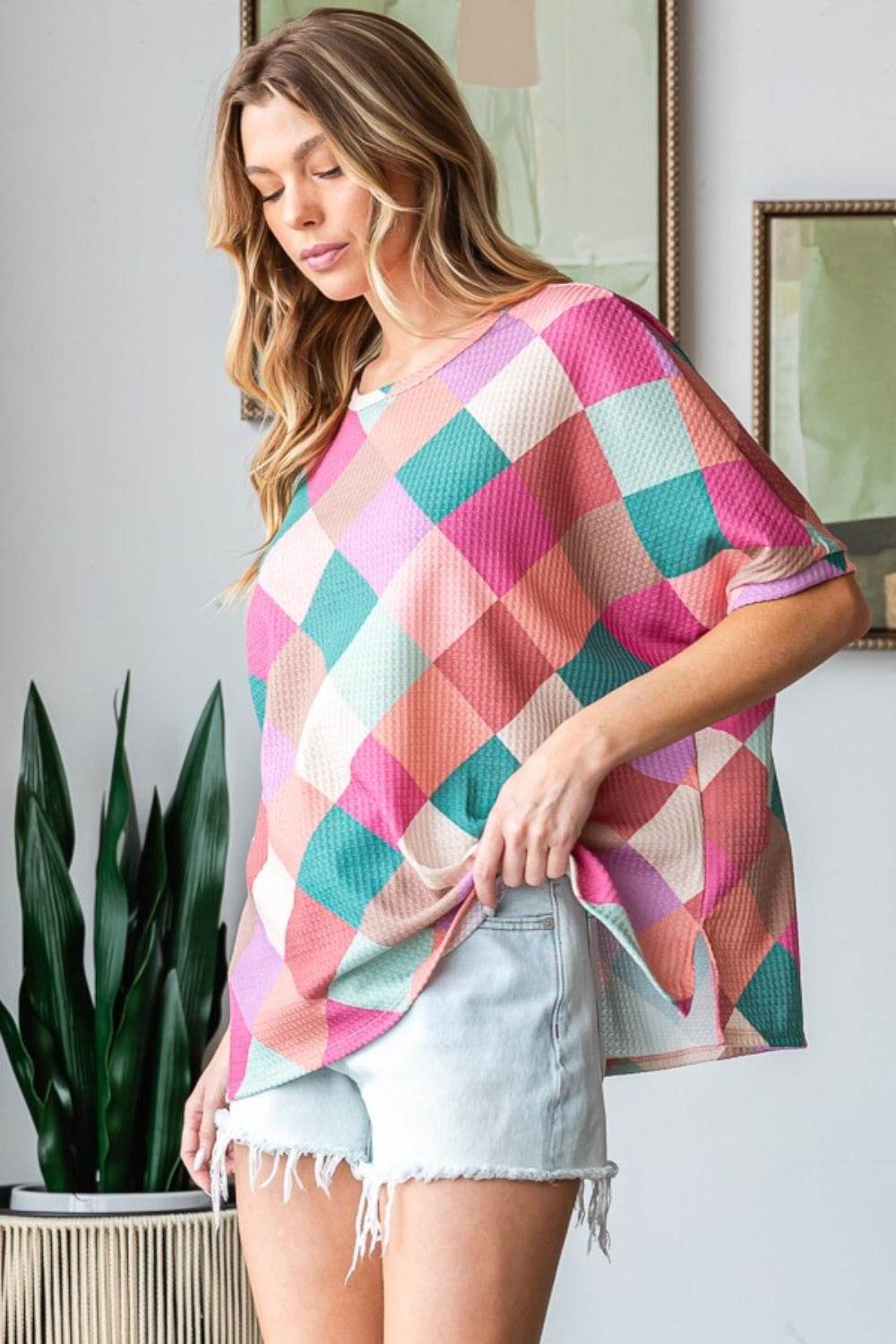 HOPELY Full Size Multi Colored Argyle Side Slit T-Shirt - Shop Style & More | Fresh Looks, Everyday Deals & Free Shipping