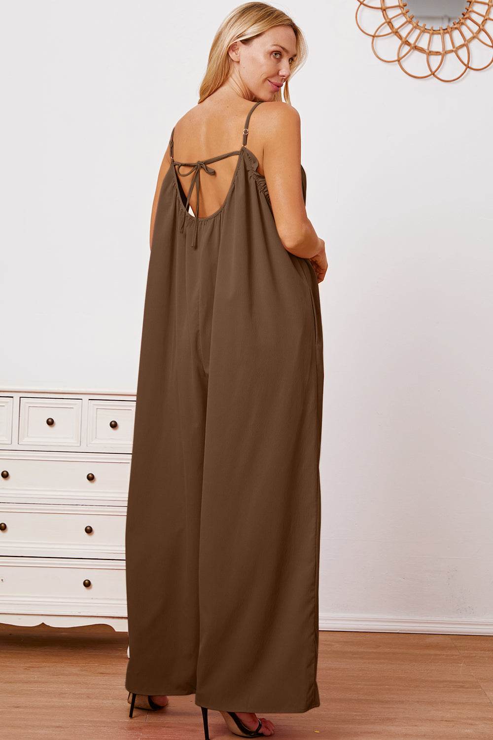 Double Take Full Size Ruffle Trim Tie Back Cami Jumpsuit with Pockets - Shop Style & More | Fresh Looks, Everyday Deals & Free Shipping