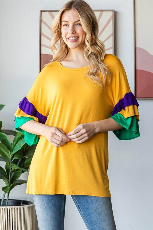 Heimish Full Size Round Neck Color Block Ruffled Half Sleeve Top Plus Size - Shop Style & More | Fresh Looks, Everyday Deals & Free Shipping