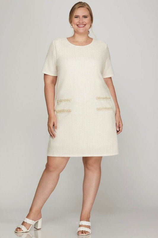 She + Sky Full Size Short Sleeve Pearl Studded Trim Knit Tweed Dress Plus Size - Shop Style & More | Fresh Looks, Everyday Deals & Free Shipping