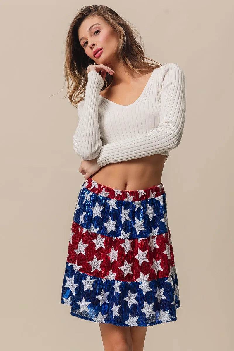 BiBi American Flag Theme Star Sequin Tiered Skirt - Shop Style & More | Fresh Looks, Everyday Deals & Free Shipping