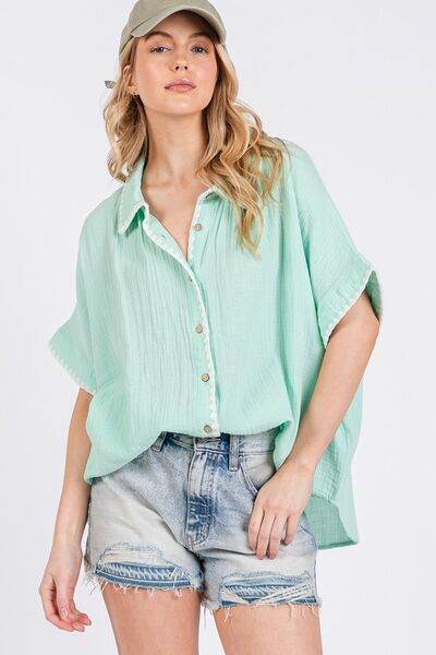 SAGE+FIG Boho Contrast Zigzag Trim Gauze Button-Up Shirt - Shop Style & More | Fresh Looks, Everyday Deals & Free Shipping