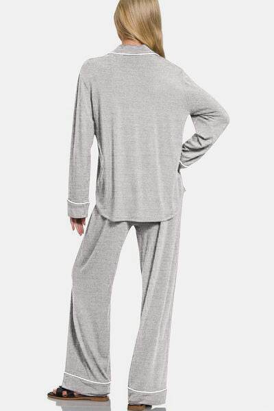 Zenana Button Down Long Sleeve Top and Pants Lounge Set - Shop Style & More | Fresh Looks, Everyday Deals & Free Shipping