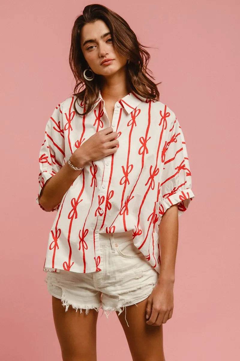 BiBi Bow Ribbon Woven Printed Button Down Shirt - Shop Style & More | Fresh Looks, Everyday Deals & Free Shipping