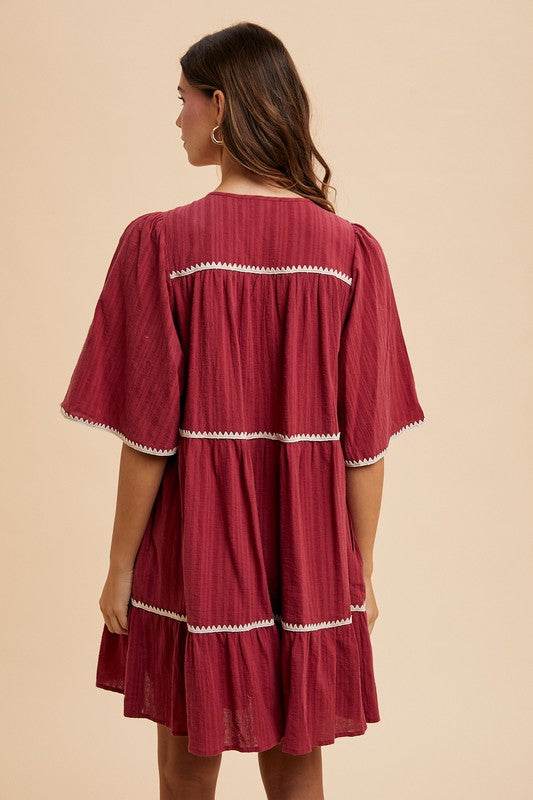 Annie Wear Tassel Contrast Trim Tie Neck Half Sleeve Tiered Dress - Shop Style & More | Fresh Looks, Everyday Deals & Free Shipping