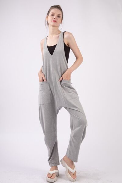 VERY J Plunge Sleeveless Jumpsuit with Pockets Jumpsuits