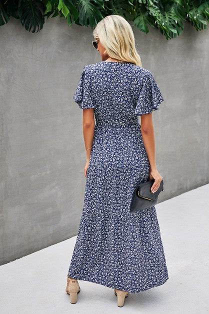 V Neck Blue Floral Short Sleeve Wrap Dress - Shop Style & More | Fresh Looks, Everyday Deals & Free Shipping