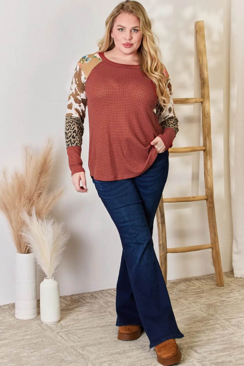 Hailey & Co Full Size Leopard Waffle-Knit Blouse - Shop Style & More | Fresh Looks, Everyday Deals & Free Shipping