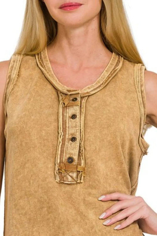 Zenana Washed Half-button Raw Edge Sleeveless Henley Top - Shop Style & More | Fresh Looks, Everyday Deals & Free Shipping