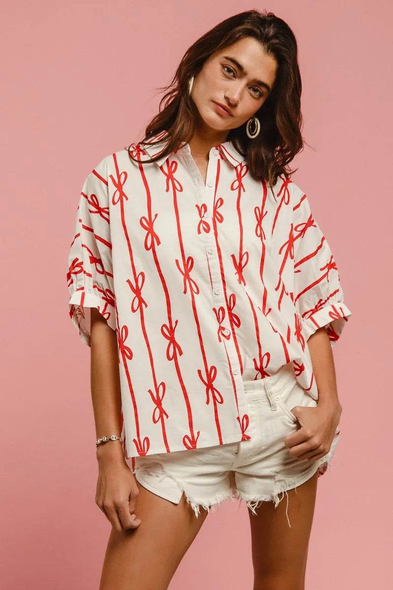 BiBi Bow Ribbon Woven Printed Button Down Shirt - Shop Style & More | Fresh Looks, Everyday Deals & Free Shipping