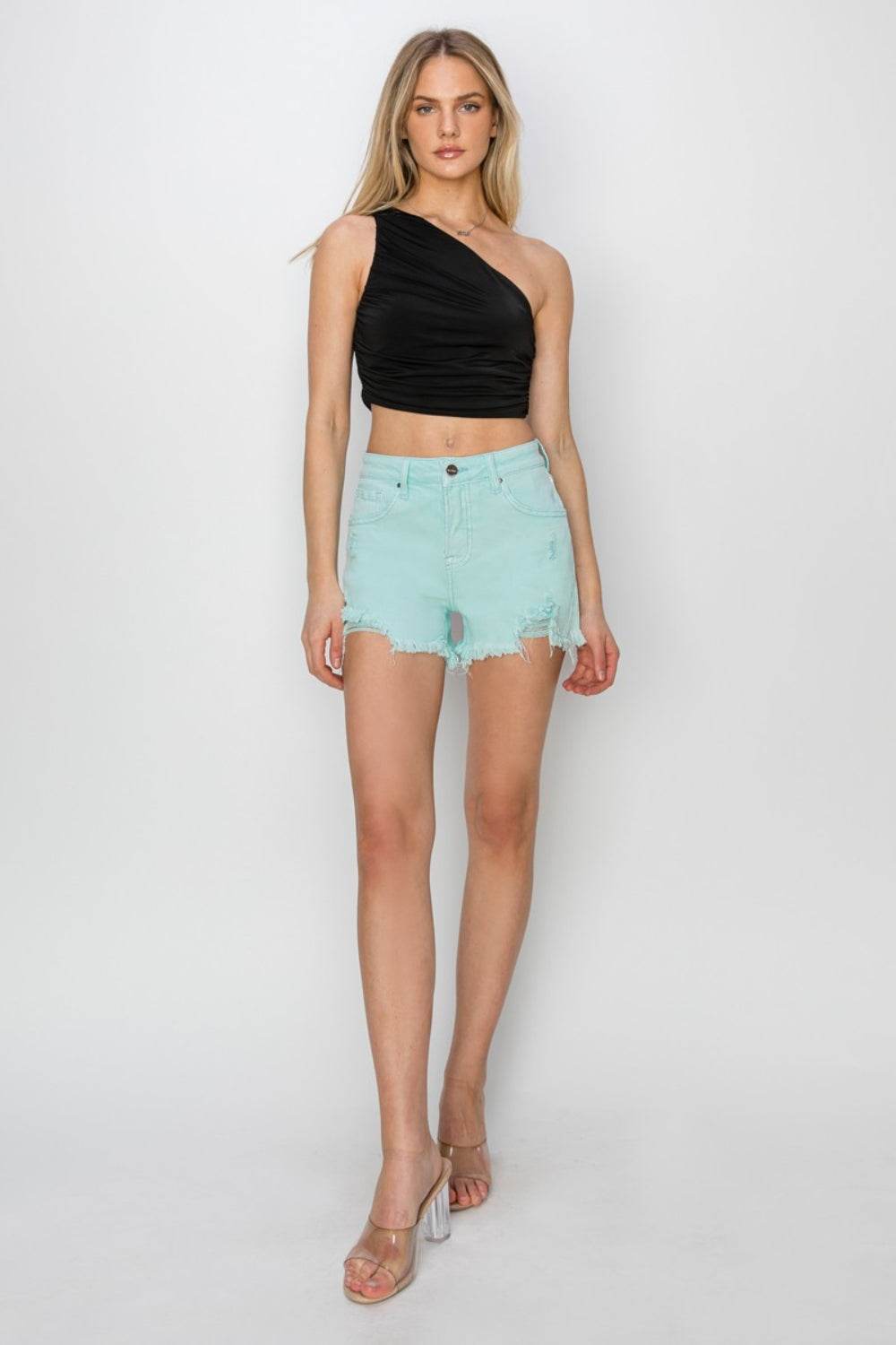 RISEN Mid Waist Frayed Hem Denim Shorts - Shop Style & More | Fresh Looks, Everyday Deals & Free Shipping