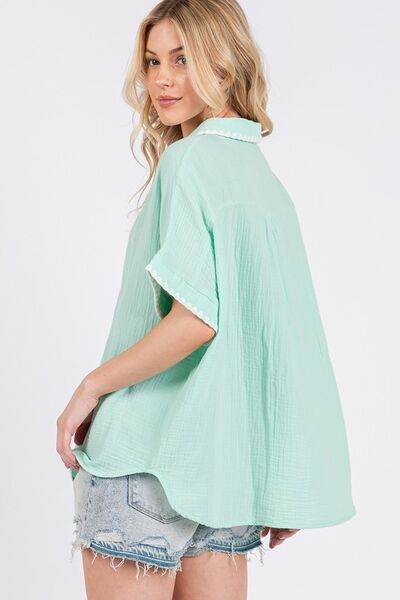 SAGE+FIG Boho Contrast Zigzag Trim Gauze Button-Up Shirt - Shop Style & More | Fresh Looks, Everyday Deals & Free Shipping