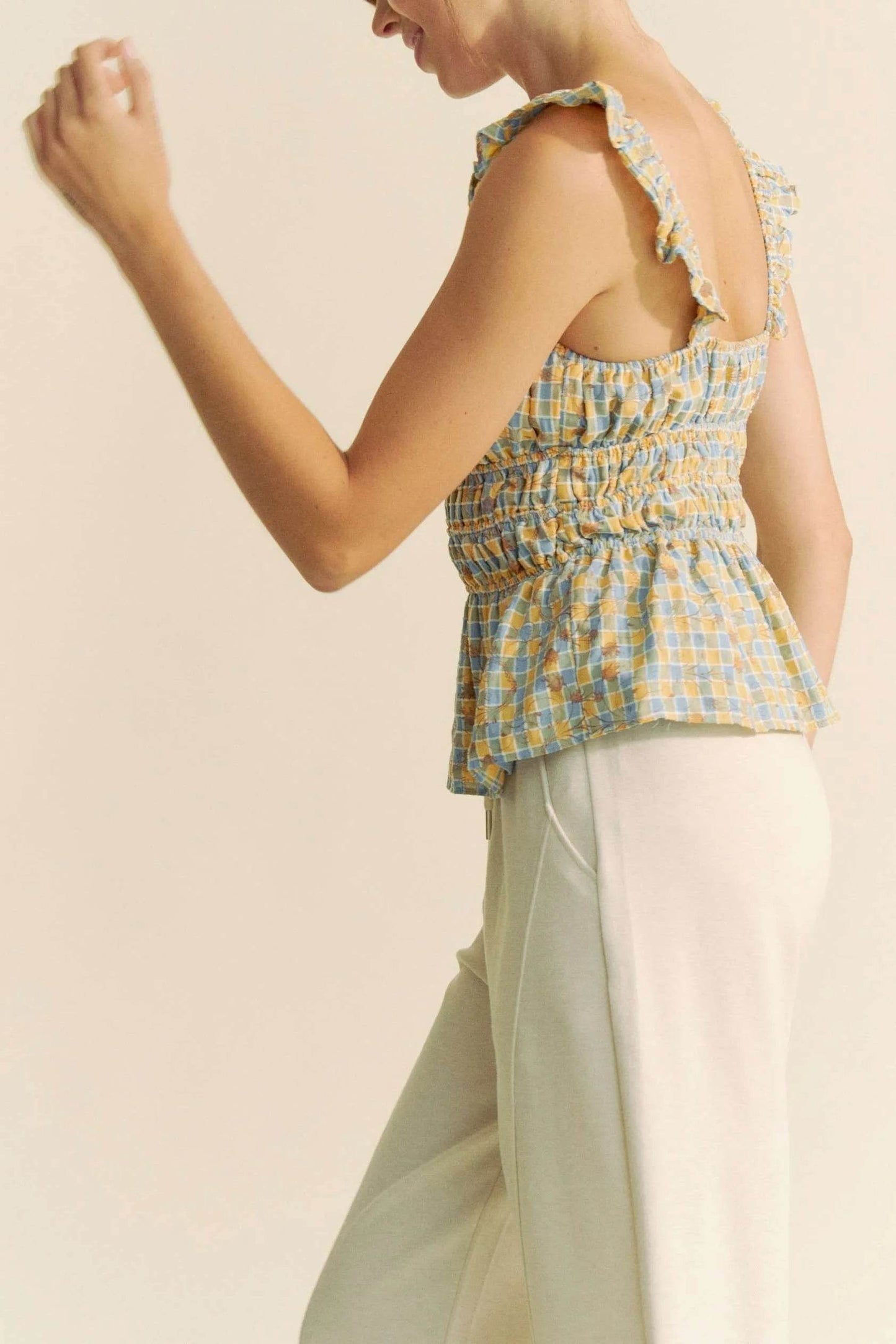 Davi & Dani Plaid Ruffled Strap Smocked Sleeveless Top - Shop Style & More | Fresh Looks, Everyday Deals & Free Shipping