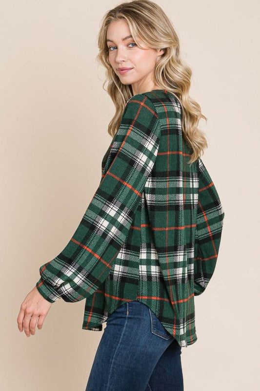 BOMBOM Curved Hem Plaid Round Neck Long Sleeve Top - Shop Style & More | Fresh Looks, Everyday Deals & Free Shipping