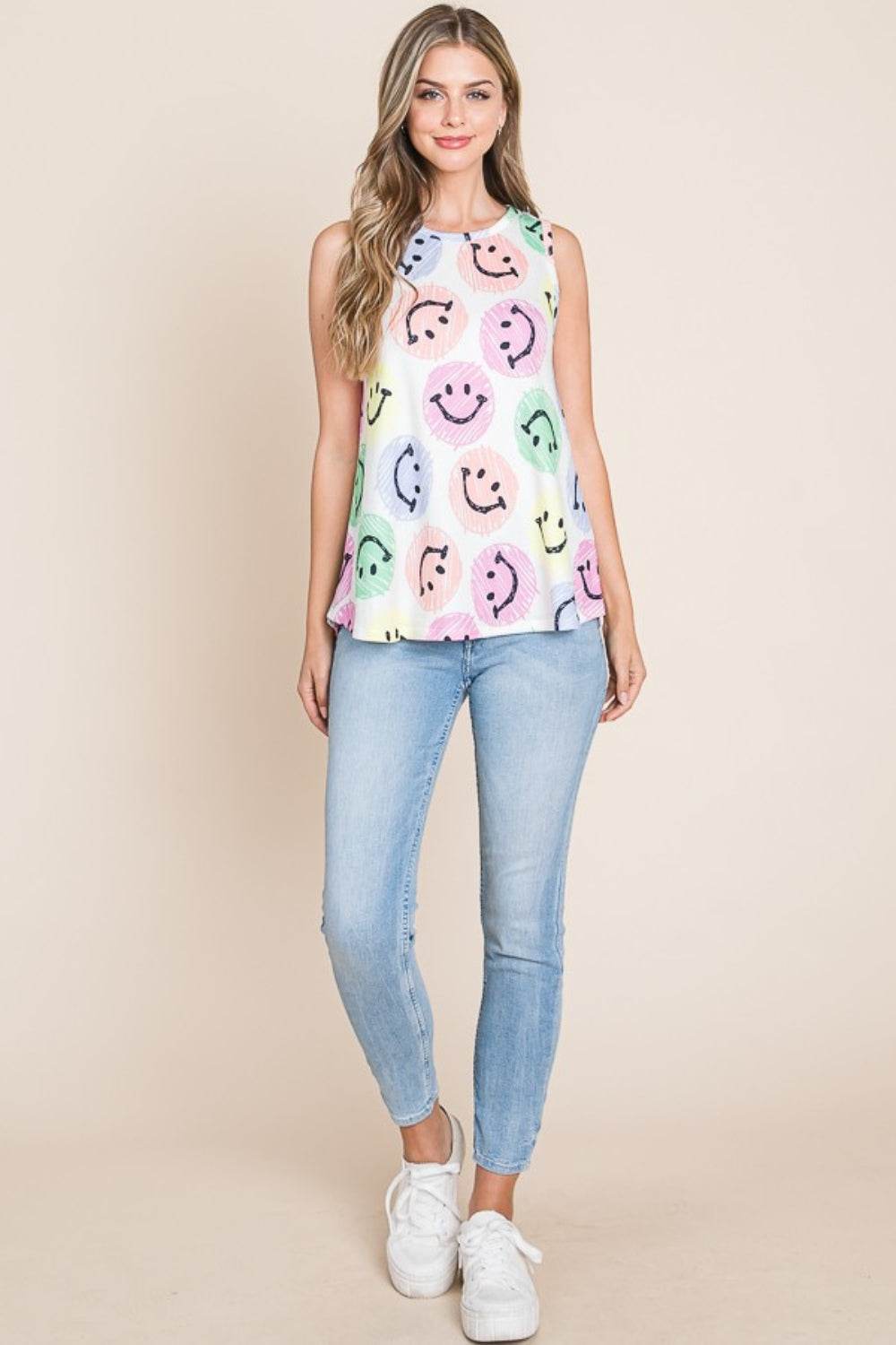 BOMBOM Smiley Face Round Neck Tank - Shop Style & More | Fresh Looks, Everyday Deals & Free Shipping
