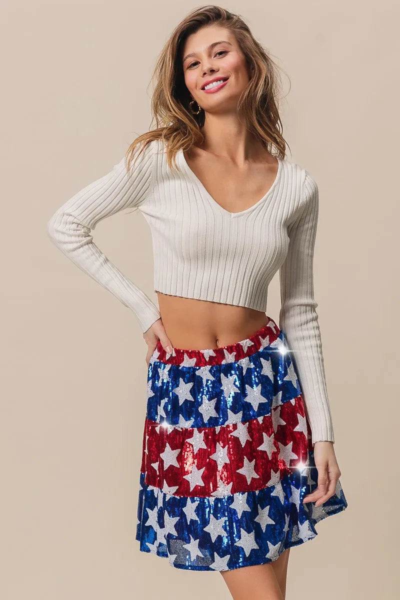 BiBi American Flag Theme Star Sequin Tiered Skirt - Shop Style & More | Fresh Looks, Everyday Deals & Free Shipping