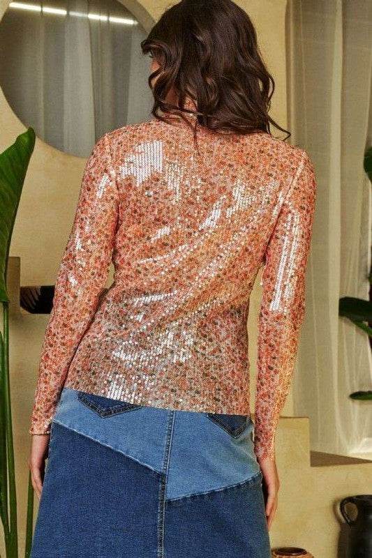 Davi & Dani Sequin Mock Neck Long Sleeve Mesh Top - Shop Style & More | Fresh Looks, Everyday Deals & Free Shipping