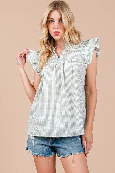 Ces Femme Plaid Notched Ruffled Cap Sleeve Blouse - Shop Style & More | Fresh Looks, Everyday Deals & Free Shipping
