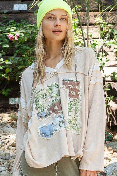 POL Exposed Seam Number Patch V-Neck Hooded Top - Shop Style & More | Fresh Looks, Everyday Deals & Free Shipping