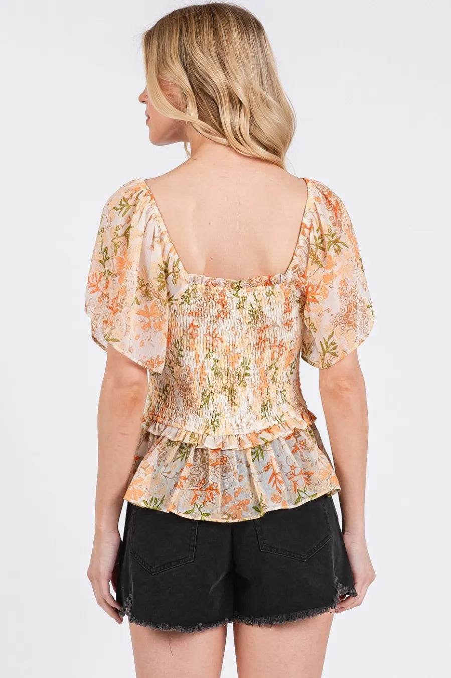 Mittoshop Floral Chiffon Smocked Square Neck Peplum Top - Shop Style & More | Fresh Looks, Everyday Deals & Free Shipping