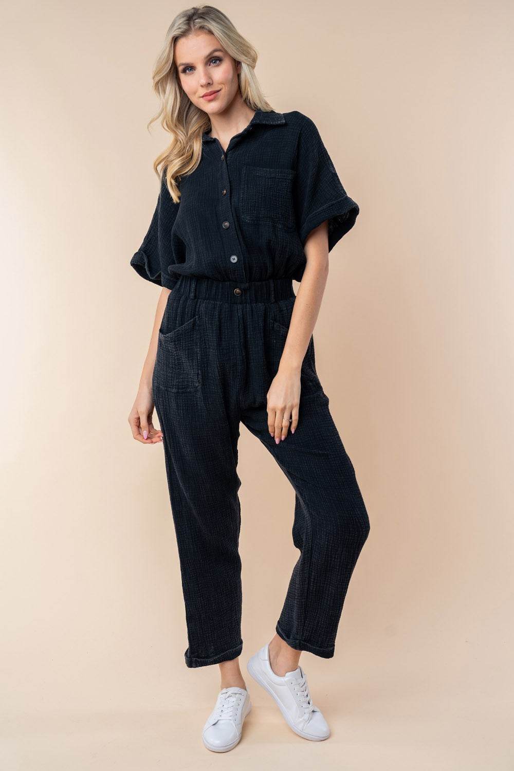 White Birch Texture Short Sleeve Jumpsuit - Shop Style & More | Fresh Looks, Everyday Deals & Free Shipping