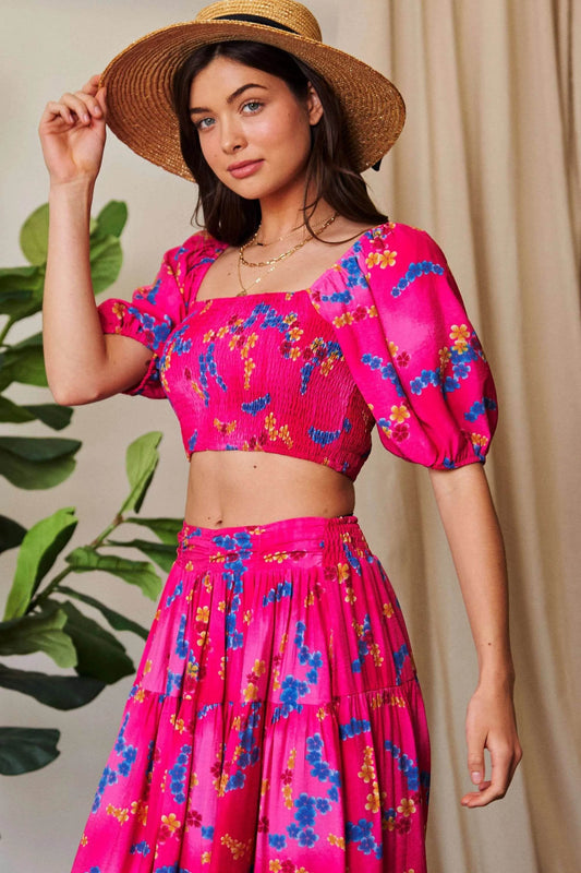 Davi & Dani Smocing Bodice Puff Short Sleeve Printed Crop Top - Shop Style & More | Fresh Looks, Everyday Deals & Free Shipping
