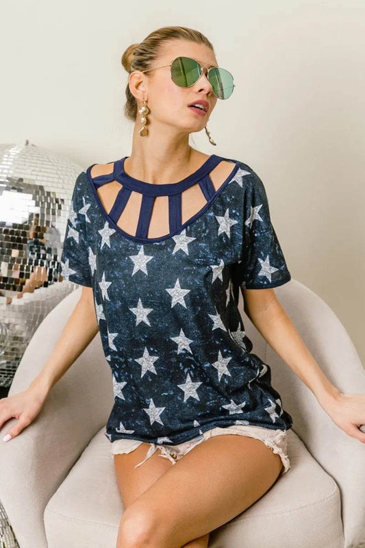 BiBi Vintage Star Print Top With Contrast Caged Neck - Shop Style & More | Fresh Looks, Everyday Deals & Free Shipping