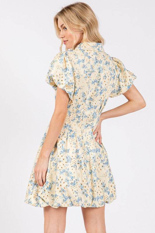 GeeGee Floral Eyelet Zipper Front Puff Sleeve Mini Dress - Shop Style & More | Fresh Looks, Everyday Deals & Free Shipping