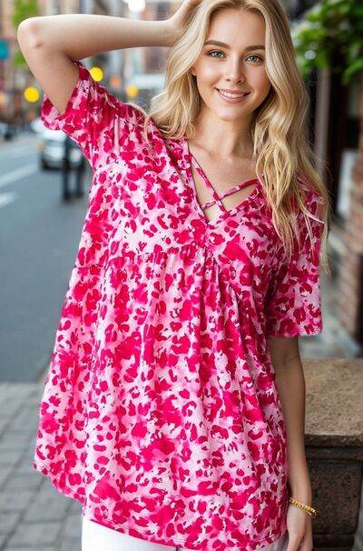 Heimish Full Size Short Sleeve Crisscross Animal Babydoll Top Plus Size - Shop Style & More | Fresh Looks, Everyday Deals & Free Shipping
