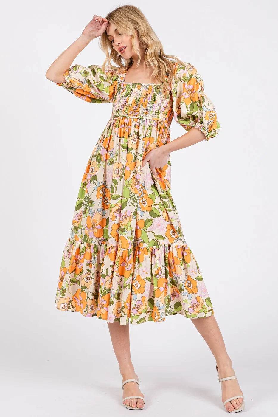 Mittoshop Flower Print Puff Sleeve Ruffle Smocked Midi Dress - Shop Style & More | Fresh Looks, Everyday Deals & Free Shipping