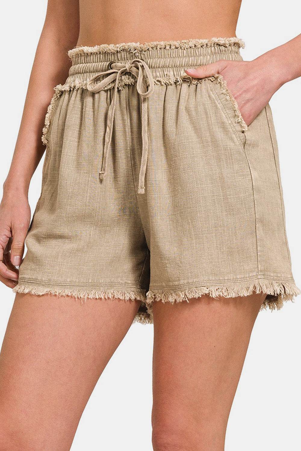 Zenana Washed Linen Frayed Hem Drawstring Shorts - Shop Style & More | Fresh Looks, Everyday Deals & Free Shipping