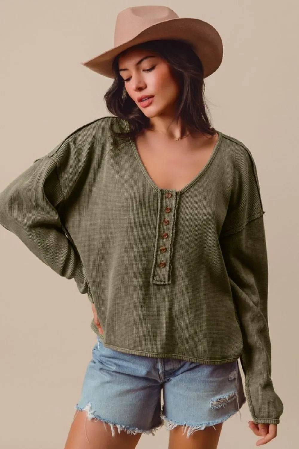 SO ME Frayed Cut Mineral Washed Deep V Neck Waffle Top - Shop Style & More | Fresh Looks, Everyday Deals & Free Shipping