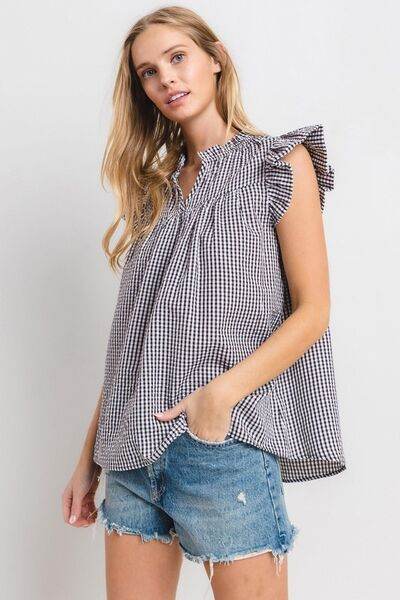 Ces Femme Plaid Notched Ruffled Cap Sleeve Blouse - Shop Style & More | Fresh Looks, Everyday Deals & Free Shipping