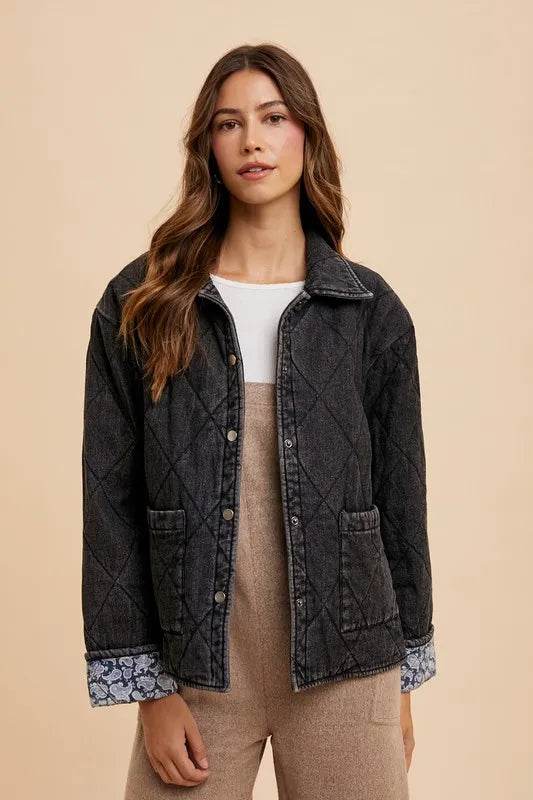 Annie Wear Quilted Printed Lining Snap Down Denim Jacket - Shop Style & More | Fresh Looks, Everyday Deals & Free Shipping