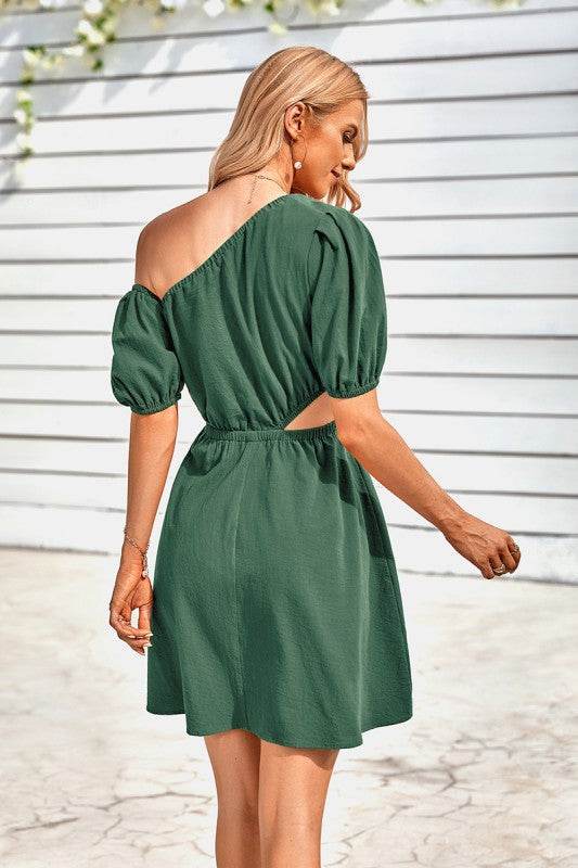 One Shoulder Puff Sleeve Fit Flare Short Dress - Shop Style & More | Fresh Looks, Everyday Deals & Free Shipping