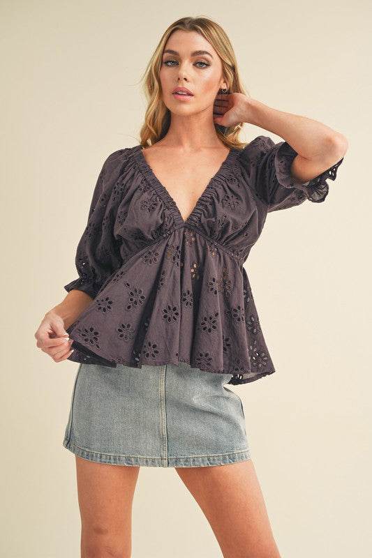 Aemi + Co Eyelet Embroidered V-Neck Half Sleeve Peplum Blouse - Shop Style & More | Fresh Looks, Everyday Deals & Free Shipping