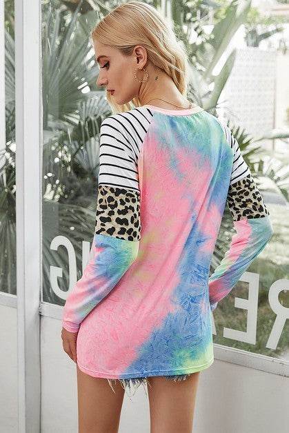 Crew Neck Patchwork Tie Dye Fit Loose Shirt - Shop Style & More | Fresh Looks, Everyday Deals & Free Shipping
