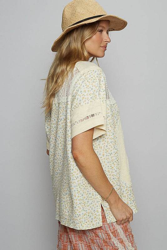 POL Number Floral Crochet Button Detail Half Sleeve Top - Shop Style & More | Fresh Looks, Everyday Deals & Free Shipping