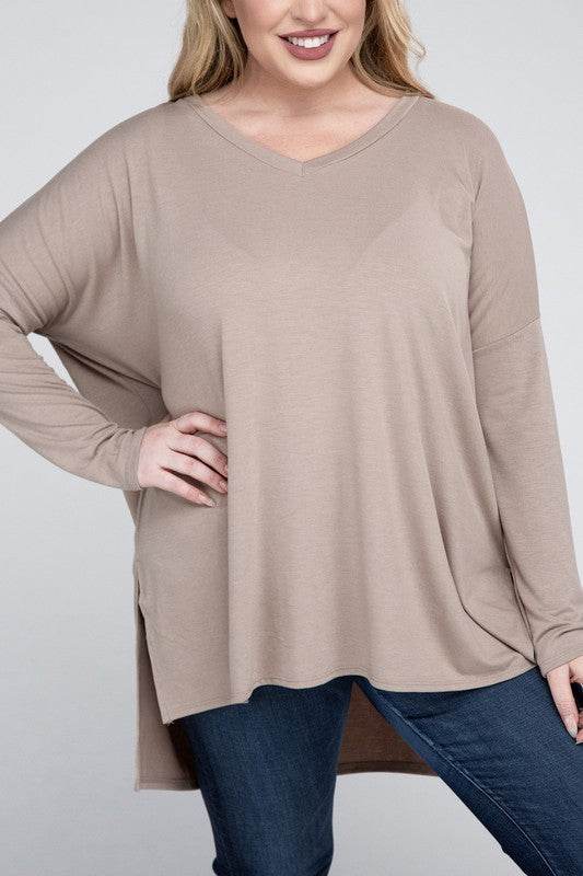 Plus Dolman Sleeve V-Neck Side Slit Hi-Low Hem Top - Shop Style & More | Fresh Looks, Everyday Deals & Free Shipping