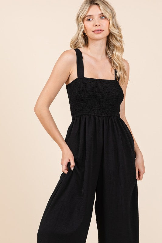 Mittoshop Smocked Wide Strap Wide Leg Overalls Jumpsuits