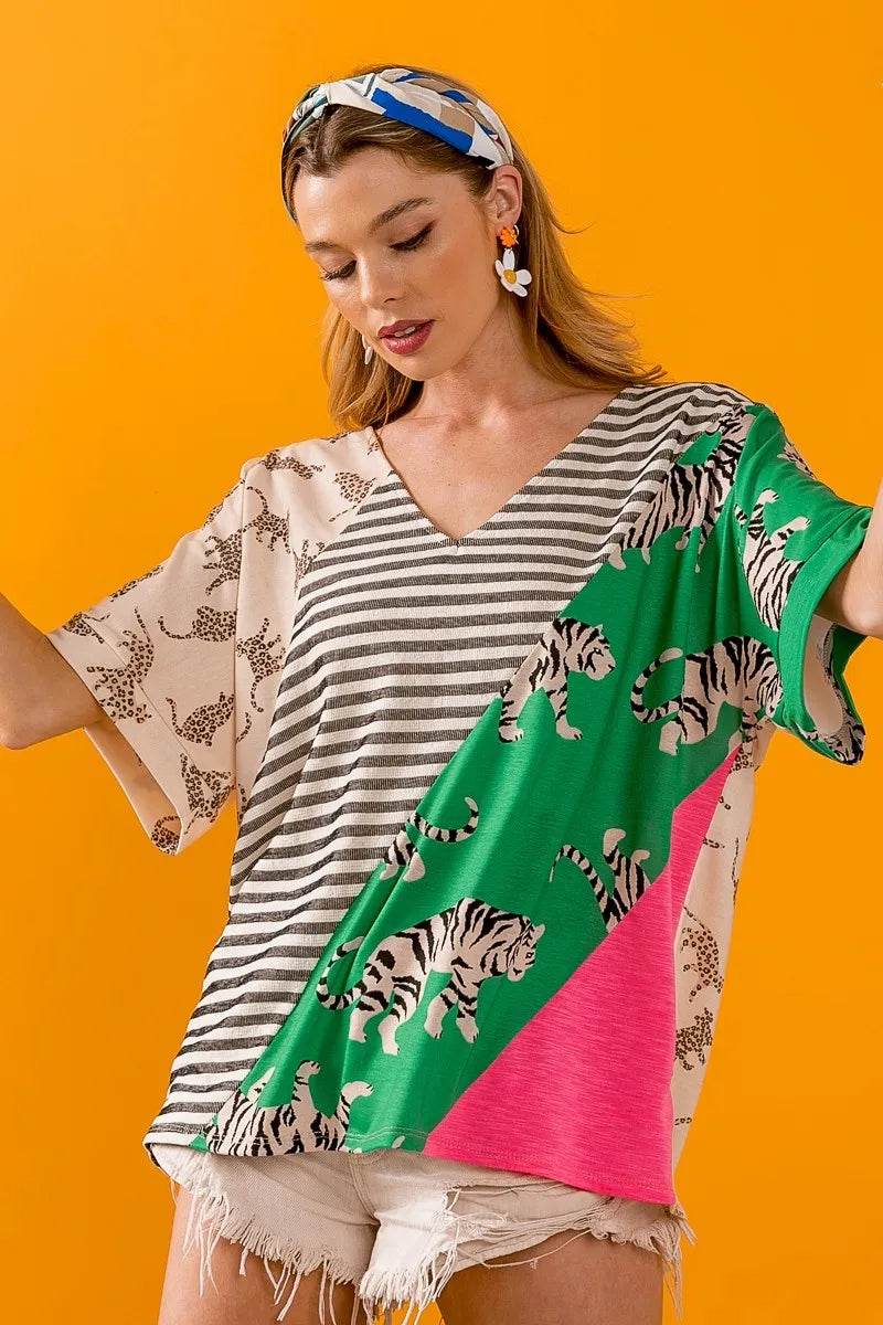 BiBi Tiger W Stripe Contrast Color Block V Neck Top - Shop Style & More | Fresh Looks, Everyday Deals & Free Shipping
